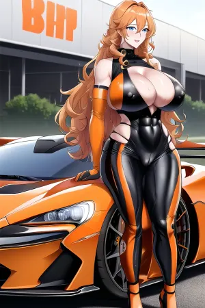 Eine Frau mit langen Haaren und definierter Nase steht vor einem McLaren P1 Supercar, tragen eine hochwertige 8k Tapete mit orange Details. Sie hat große Brüste, große Hüften und hohe Nippel überragen sie