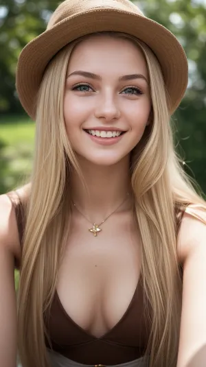 A young Russian woman, 18 years old, with a slim and petite figure, stands in front of a high-resolution photo of herself. Her eyes are wide open and she smiles widely, showcasing every detail of her face from the top to the