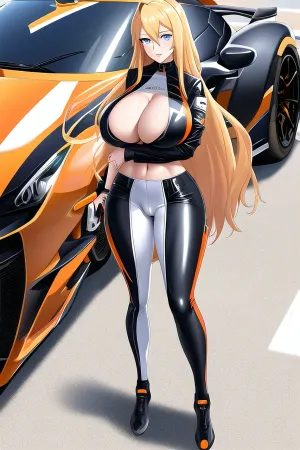 Die Frau stand vor dem McLaren P1, ihr langes Haar bläst im Wind. Sie trug einen Wettkampfanzug mit hochwertigen 8k Tapeten und Highres Text. Ihre großen Brüste waren durch den Stoff sichtbar, und ihr Nippel