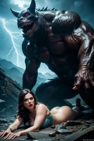 In a bizarre and surreal world, a fat woman in a dress is being fucked by a monster. The scene is set in an absurdist background with lightning and simple focus. The picture has maximum resolution, intricate details, cinematic quality, and 4