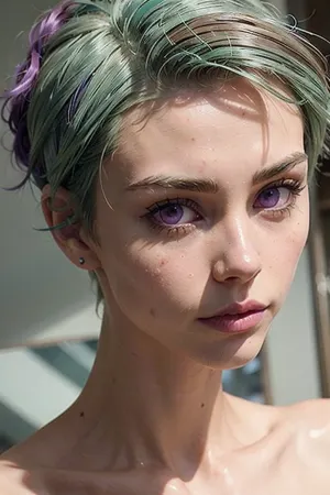 AIは、ピクシーヘアカットで少女のポポソグラフィ画像を生成し、大きな額と白の皮膚を持っています。 18歳だった。 肌の質感は柔らかで、唇は薄く、彼女は持っていた