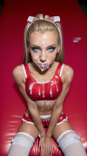 La blonde poilue avec la peau bronzée et les yeux bleus posé pour une séance photo solo, portant une cuisse blanche haut chaussettes, un maillot de football américain bukkake, et ses cheveux attachés dans un chignon. Elle se sentait fière d'être