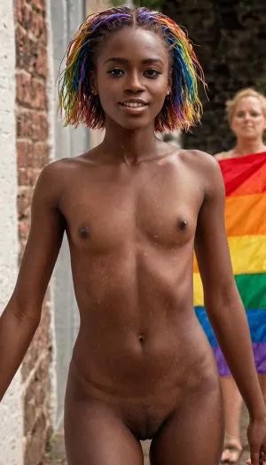 The ultrarealistic photo of the happy lesbian couple with high-resolution full front view, deep dark skin, and flat chested is a masterpiece. It captures the essence of their love and passion for each other
