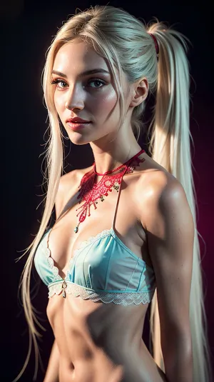 細部、完全な高さおよびポニーテールで結ばれる長い白い毛のセクシーなバスティの赤いレースのpornographic写真の美しい高解像度のハーフターンの専門の写真。 少女はレース透明セクシーなルネリを着用しています