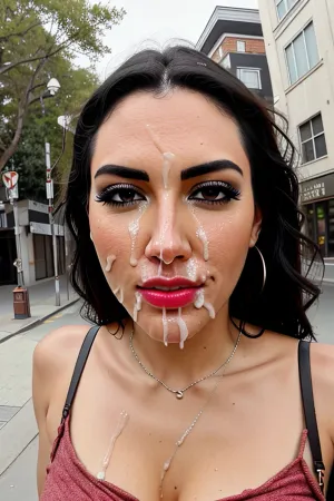 A woman walks down the street, her face in profile as she passes by
