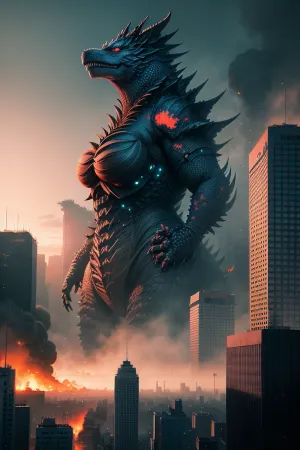 AI产生了一个巨大的8k分辨率的图像,一个kaiju摧毁了建筑物并造成了混乱,使得很容易看到破坏的每一个细节