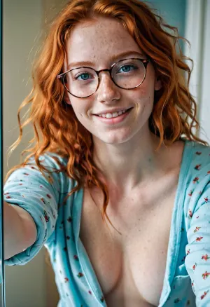 Uma menina adulta jovem com cabelo gengibre e sardas tomou uma selfie na frente do espelho, mostrando suas mamas perfeitas que fizeram com que qualquer pessoa que os viu se sentisse feliz e contente. Sua imagem sem topo foi tirada em um espelho, exibindo-a