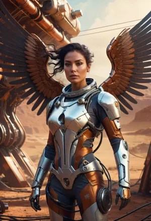 Ein wunderschöner Cyborg-Astronaut mit Flügeln, die britische und mexikanische Mädchenwurzeln vermischen, ist für einen Kampf aufgestellt. Ihre scharfe Fokussierung und komplizierte Mischung aus britischen und mexikanischen Mädchenwurzeln ergänzen den visuellen Appell ihres Bildes. Die digitale Malerei Technik verwendet, um dies zu schaffen