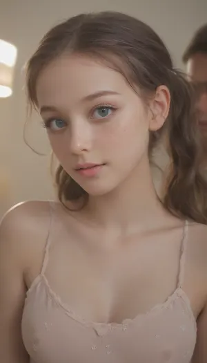 明るい青の目と濃い茶色の髪のメガネで18歳の少女の高解像度イメージを生成しました。 彼女は短い軽いそばかすの服を着ています、そして彼女のtitsは完全に照らされます。 写真は