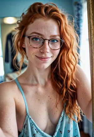 A menina adulta jovem, com seu cabelo gengibre e sardas, estava tomando um selfie na frente do espelho. Ela tinha olhos azuis gelados que brilhavam com excitação como ela posou para a câmera. Seu cabelo longo e confuso cascata abaixo dela