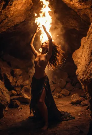 Una giovane strega mezza nuda ha ballato una danza selvaggia nella grotta profonda illuminata solo dalla luce debole di un fuoco, il suo corpo si è girato e si è trasformata mentre si è spostata al ritmo di una musica immaginaria. I suoi occhi erano chiusi, persi nel tran