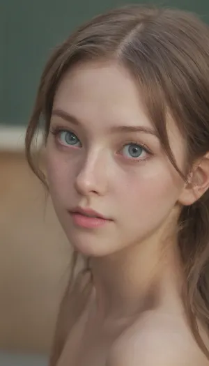 A stunning 18-year-old girl with perfect illumination, tits 18yo, nude, Uber realistic, perfect illumination, best story description as a single sentence with best illumination and high definition. She has bright blue eyes and dark brown hair. Her