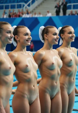The synchronized swimming Russian team, with their beautiful hair buns and high-quality pictures, was honored at the Olympic Games ceremony. They were on a ladder of honor, with flashes from professional photographers