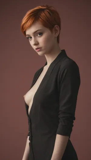Das Mädchen im Bild hatte einen Pixie Schnitt, Vollkörper sichtbar, Ingwer Haar. Sie trug ein kurzes rotes Kleid mit schwarzen Strumpfhosen und schwarzen Stiefeln. Ihr Gesicht war mit Frackles bedeckt und ihre Augen waren hellgrün. Sie sah aus