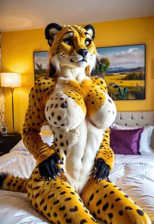 The woman in the furry cheetah female pose was a huge furry bimbo with hourglass figure, heavy makeup, and long neck. She wore a fursuit that showed off her curves and tits. She posed in bed with