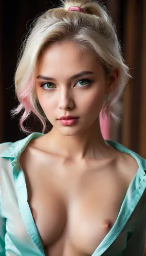 La ragazza era incredibilmente bella, con grandi capezzoli gonfi e un corpo sottile e molto sottile. Aveva lunghi capelli castani tirati indietro in una coda di cavallo, e giacca senza bottoni rivelando la sua camicia bianca. Le sue calze erano rosa trasparente, mostrando