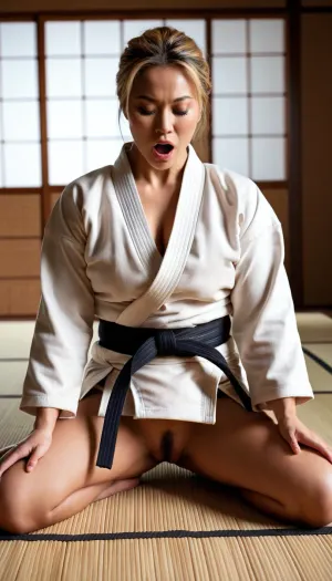 Uma mulher em um quarto tatami, vestindo um corpo completo Torn Judogi, estava gritando e chorando enquanto ela espalhou suas pernas largamente aberta. Seus olhos estavam fechados apertados enquanto ela se imaginava exposta ao mundo. A boca estava aberta,