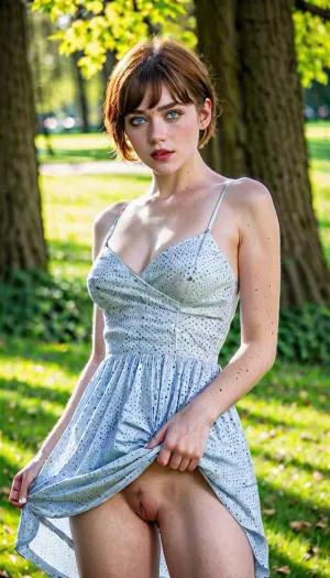 A young girl lost in thought was sitting on a bench in the park when she felt a gust of wind lift her skirt and expose her pussy to the world. She gasped and quickly pulled her dress down, but not before someone had taken a picture