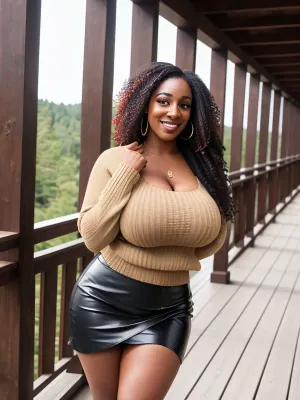 Ebony derisi olan bir kadın, kalın uylar ve büyük göğüsler yüzünde parlak bir gülümseme ile boğar. Rüzgarda kaçak olan çok renkli saç ve kalın uygarlığa sahipti. Onun burgundy terer kucakladı