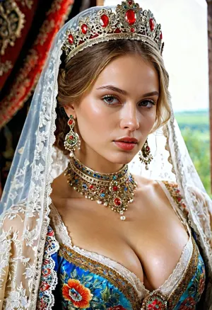The wet pussy of the beautiful Russian beauty in national costume was painted with great detail using a combination of watercolor and glaze technique, adding to the overall richness and depth of the picture