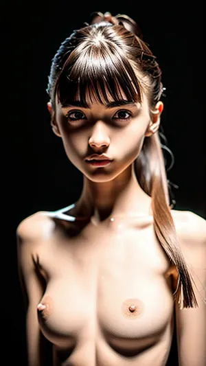 A professional photographer took a 18-year-old girl's photo in a dark room with no lighting, showing her athletic body and three-dimensional depth of field. The photo was clear and detailed, showing every curve of her body. She had tan
