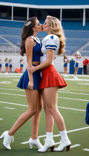Das Cheerleader-Mädchen und Quarterback-Mädchen, beide tragen Fußballtrikots und Schulterpads, hielt Hände, wie sie leidenschaftlich beim Fußballspiel geküsst
