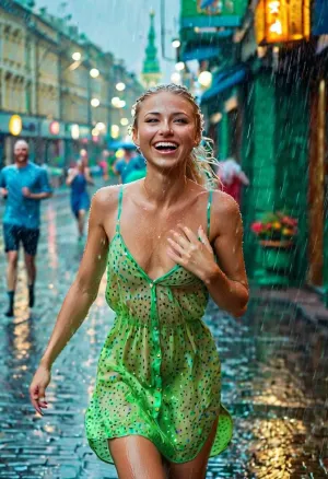 Die Frau mit den langen blonden Haaren und blauen Augen lief die Moskauer Straße in ihrem Sommer Baumwolle Mini-Sonnenkleid, lachen merrily wie sie lief. Ihre Nippel schlugen durch ihre dünne Taille, und ihr Dreiecksgesicht war rund und