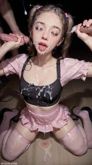 A woman with a Masterpiece in her mouth, she's the epitome of Bukkake. Her face is covered in cum and her clothes are soaked with it. She's on her hands and knees, begging for more cum to fill her mouth