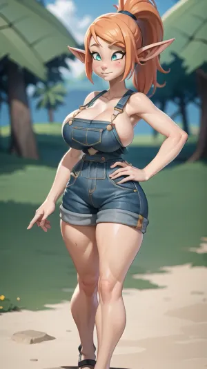 女性8k uhd的杰作,具有高质量和超详细的背景,充满活力的色彩,独眼精灵,蓝眼睛,尖耳朵,前视带宽臀和细腰. 她的红唇是一部作品