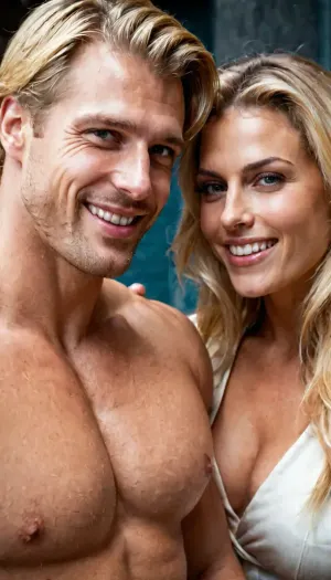 The handsome toned blonde man, wearing a white shirt and blue jeans, stood in front of the woman with his cock out. He smiled at her as he reached for her hand and placed it on his crotch. The woman felt the warmth