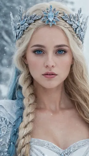 Skadi, the goddess of winter, is captured in this captivating painting with her icy crown and braids radiating an otherworldly beauty. Her icy gaze and delicate contours make her appear ethereal