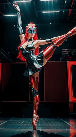 The android girl with long hair and red and silver outfit on stage was the perfect example of high-res masterpiece. She had 4k resolution, mesmerizing eyes, and high-res technology in action