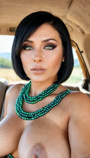 Una mujer de 27 años con apariencia madura y pechos enormes, maquillaje bronceado y ojos verdes perfectos fue fotografiada en un coche en el camino a otro lugar