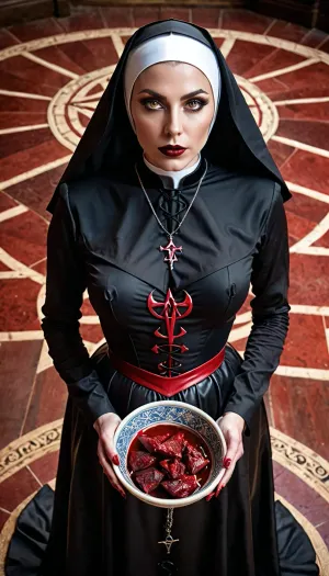 Eine Frau mit einem satanischen Nonnenoutfit und Hörnern schmückte ihren Kopf, stand vor einem Pentagramm auf dem Boden gezogen. Sie war von einem Feuerring umgeben und ihre Augen waren voller Wahnsinn. Ihr Ausdruck war einer von