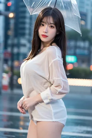 The girl stood in the rain, her hair dripping wet, as she looked up at the cityscape illuminated by professional lighting technicians using radiosity technology and photon mapping to create realistic shadows and reflections on the buildings