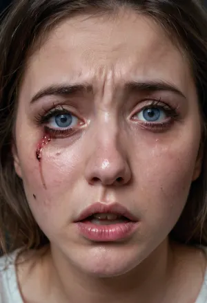 Uma garota em uma foto é vista chorando e as lágrimas de rímel são visíveis em seu rosto. Ela está usando maquiagem que foi arruinada pelas lágrimas. Seu cabelo é desprezível e ela parece aterrorizada. A imagem mostra que ela está sendo espancada com um
