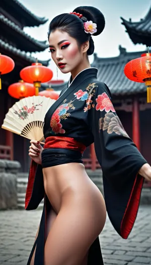Une superbe peinture numérique dépeint une belle fille tatouée chinoise avec un maquillage geisha national brillant dans un kimono noir dansant avec un fan. L'image est très détaillée et vivante, avec des couleurs vives et des détails clairs. L'atmosphère est très claire, et le