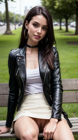 A young woman in a black leather blazer and black leather skirt with shaved pussy sits on a bench in the park, showing her full portrait of a young woman sitting in a park bench, spread legs, show shaved pussy slutty smile she