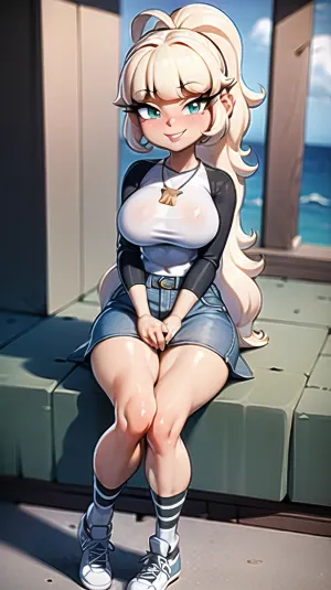 人工智能产生了一个长发的美貌女性,穿着条纹衬衫,坐在地上,乳房高品质,大尺寸1条红色的毛线,使其突出