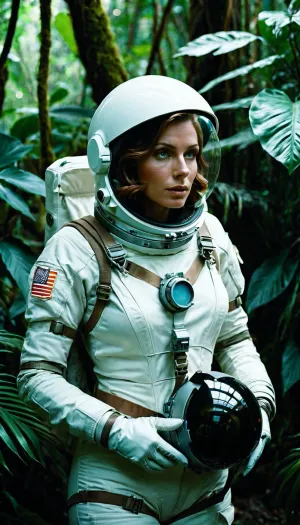 Un retrato cinematográfico de un explorador espacial, capturado con una lente Leica Summicron 35mm f2.0 en la película Kodak Portra 400, presenta a la mujer en un traje de cuerpo oscuro y casco, creando un ambiente de misterio y