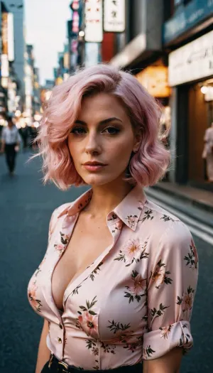 Una foto impresionante de una mujer caucasiana moderna con pelo oscuro ondulado, con una camisa floral y falda corta en la calle tokyo. La foto se toma con lente Leica summicron 35mm f2.0 en kodak
