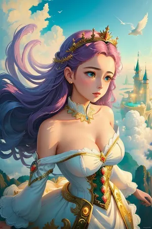 Imagine yourself soaring high above the clouds, surrounded by ethereal structures of golden beauty. Feel the gentle breeze caressing your skin as you float in the sky, surrounded by a captivating vision of grace and elegance. This is a