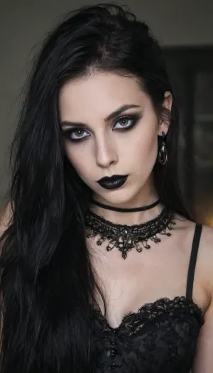 The girl with the dark straight long black hair without bangs, wearing lots of black eye makeup with sharp black points at the corner of her eyes, and dark lipstick was standing in front of a large white wall. She had an intense look on