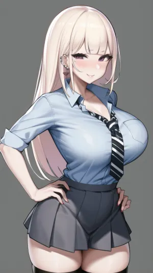Nakamura Misaki, a 1girl with long hair and large breasts, wearing a simple background. She has a black necktie that shows off her cleavage. Her necktie is tucked in between her breasts, and she has buttoned up pleated