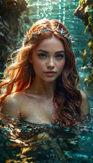 A sereia no rio era uma visão mágica, com seu cabelo longo e roupa brilhante. Ela foi cercada por um belo vórtice de água e decorada com decorações complexas