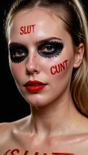 The AI generated a highly detailed photo of a naked woman with red lipstick and closeup cinematic lighting