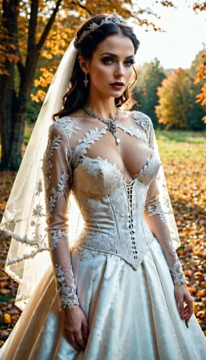 Gotik tarzı bir düğün elbisesi yüksek detaylarla, karmaşık süslemeler, geniş kalçalar ve bir cadı skandalı düğününde bir kadın