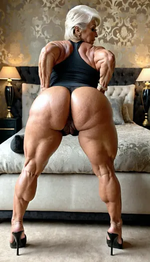 A diva gilf with a muscular body and high heels, who loved to flex her muscles in front of the mirror