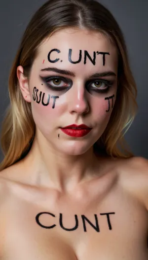 The AI generated a highly detailed photo of a naked woman with red lipstick and closeup cinematic lighting