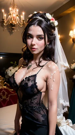 Une femme grande, mince et sexy de 30 ans dans une robe de mariage posée séduisante pour l'appareil photo avec ses grandes poitrines recouvertes d'une robe de mariage en soie noire serrée. Son visage a révélé son désir de plaisir comme elle a posé pour la caméra